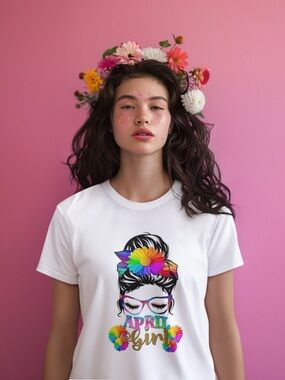 White "April Girl" Graphic Tee - Floral Rainbow Design
